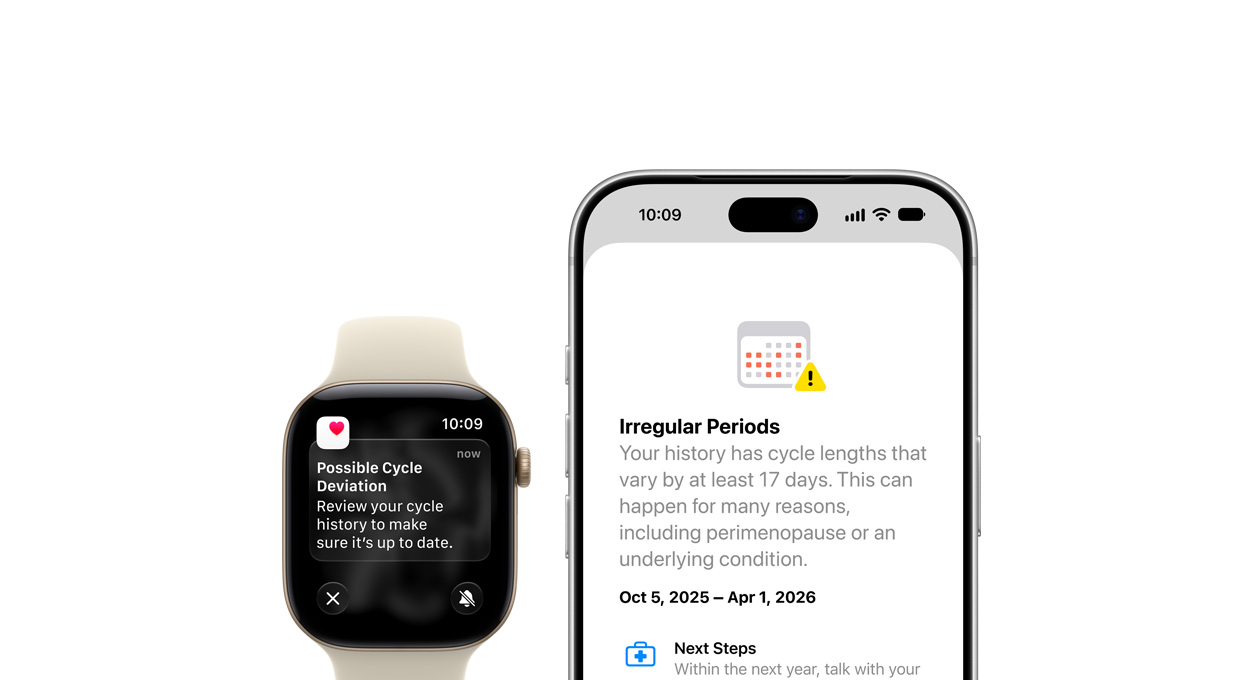Health app Cycle Tracking update of Possible Cycle Deviation on Apple Watch Series 12 Sand Sport Band with Aluminum Light Gold case and iPhone 18 Pro