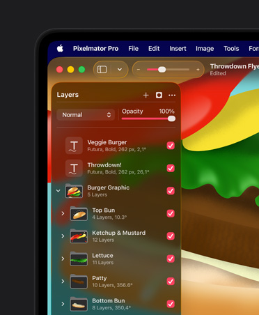 Pantalla de una MacBook Pro de 16 pulgadas con una ilustración colorida de una hamburguesa, herramientas de orden de Pixelmator Pro