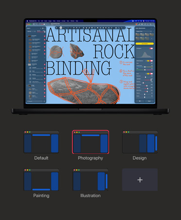 Pantalla de una MacBook Pro de 16 pulgadas, una imagen sobre artesanías con piedras, herramientas de ajuste de color y balance de blancos