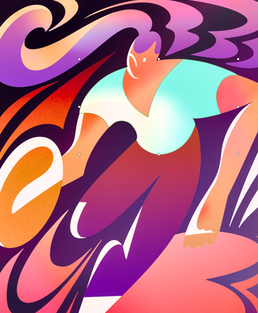 Ilustración estilizada y colorida de una mujer jugando basquetbol