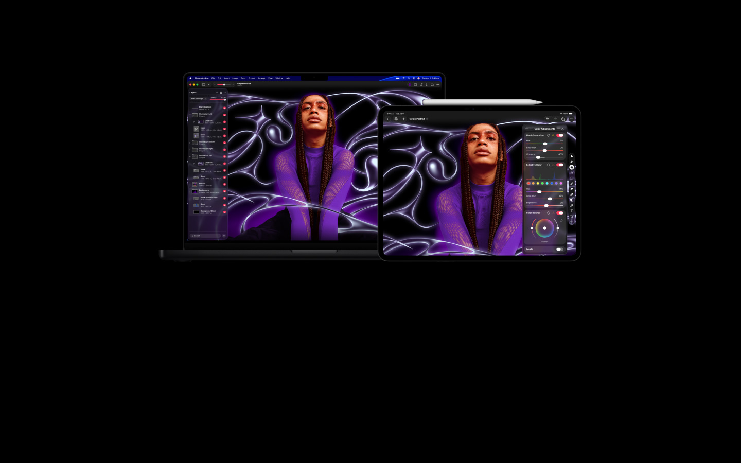 Imagen de una persona con trenzas y un suéter morado, fondo abstracto estilizado, una MacBook Pro de 16 pulgadas y un iPad Pro de 13 pulgadas se mueven con la imagen, las pantallas muestran el espacio de trabajo de Pixelmator Pro con el panel de capas al costado, edición de imágenes