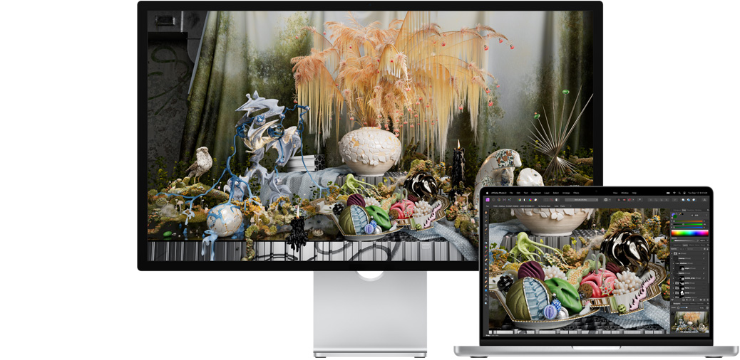 MacBook Air de 14 polegadas ao lado de um Studio Display com um projeto de Affinity Photo.