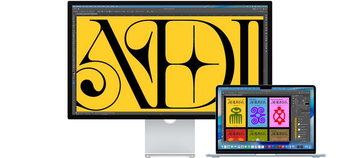 Un monitor Studio Display y una laptop Mac muestran un proyecto en Adobe Illustrator 2025, la pantalla del Studio Display muestra un primer plano del proyecto