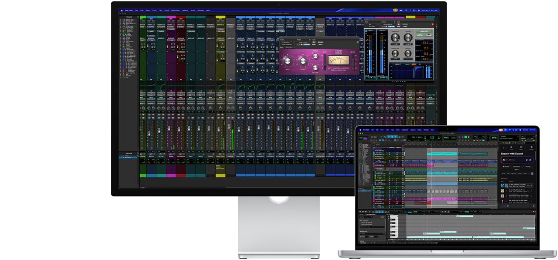 Un monitor Studio Display y una laptop Mac muestran una sesión en Pro Tools con integración de Splice