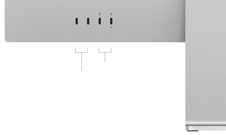 USB-C 포트 2개와 Thunderbolt 5 포트 2개가 보이는 Studio Display의 뒷모습