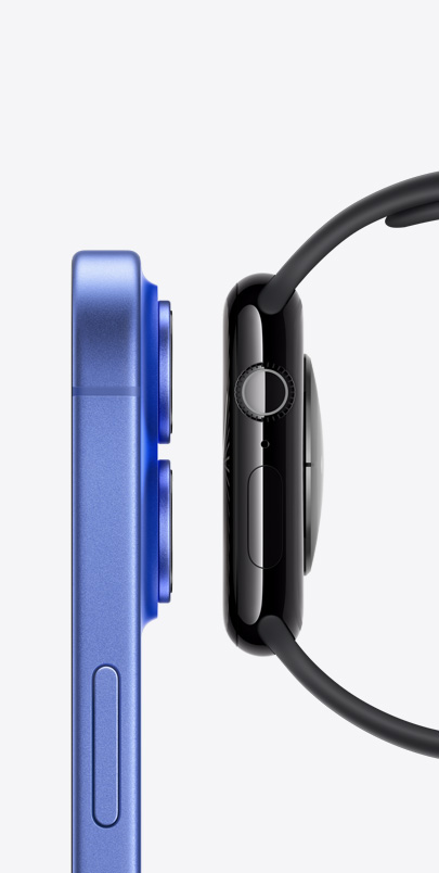 A side view of iPhone 16 and Apple Watch Series 10 next to each other.