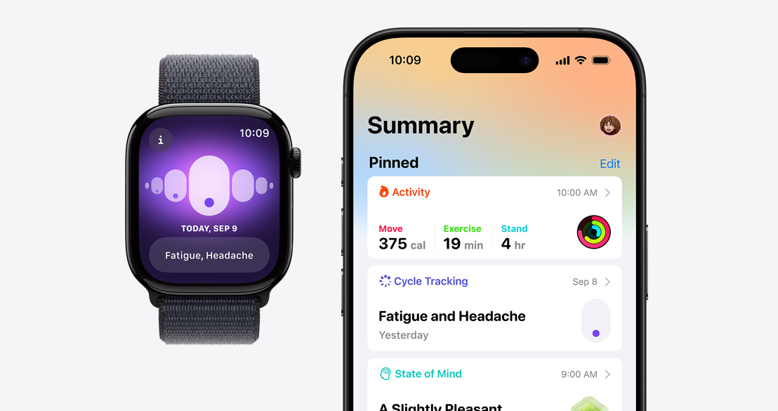 „Apple Watch Series 10“, kuriame rodoma programa „Cycle Tracking“, ir „iPhone 16 Pro“ su programa „Health“, kurioje rodoma informacija apie ciklo stebėjimą.