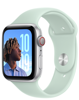 Apple Watch SE with a Silver aluminum case and a Aquamarine (light blue/green) Sport Band.