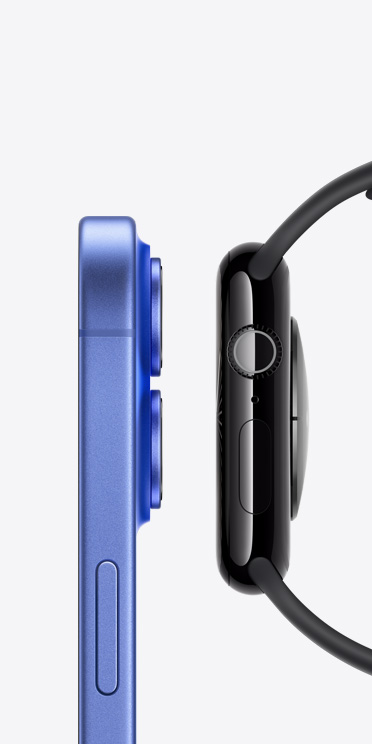 並べて置かれたiPhone 16とApple Watch Series 10の側面