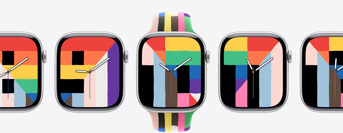プライドハーモニーの文字盤を表示した複数のApple Watch Series 10デバイス。レインボーカラーやほかのカラーが1色ずつ使われた長方形、三角形、台形が時間を表す数字を形作っている。中央のApple Watchには、レインボーカラーやほかのカラーが1色ずつ使われた、わずかに端部の形が異なる細い長方形を組み合わせてできた6本のストライプを持つプライドエディションスポーツバンドが装着されている