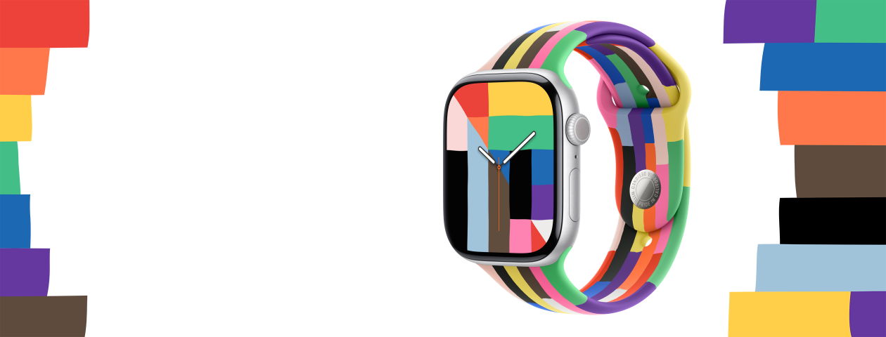 シルバーのアルミニウムケースのApple Watch Series 10。Digital Crownとプライドハーモニーの文字盤が見える。レインボーカラーやほかのカラーの長方形、三角形、台形が数字の10を形作り、時計の針が時間を示している。レインボーカラーやほかのカラーが1色ずつ使われた、わずかに端部の形が異なる細い長方形を組み合わせてできた6本のストライプを持つプライドエディションスポーツバンドが装着されている。1色ずつ形の異なる虹色のストライプがApple Watchの左右を囲んでいる