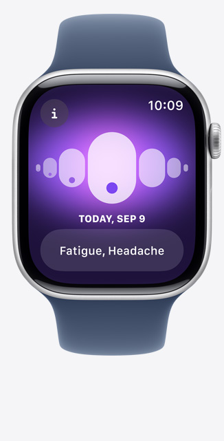 Apple Watch Series 10 的正面，經期追蹤 app 顯示症狀變化。