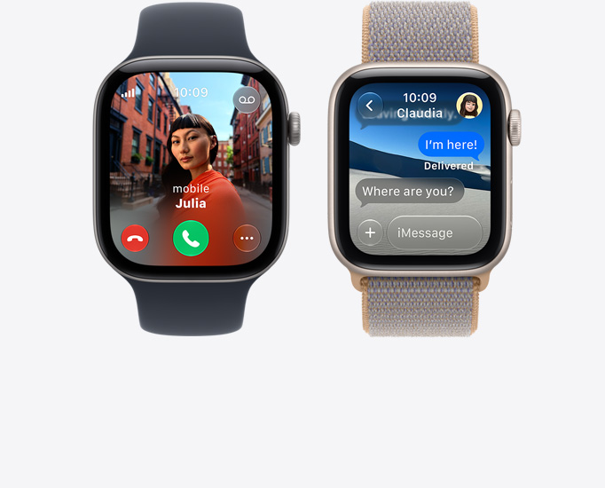 Různé Apple Watch Series 12, na displejích: příchozí hovor, fotka kontaktu, tlačítka přijetí a odmítnutí hovoru, konverzace iMessage, řemínky: sportovní řemínek, černá barva, provlékací sportovní řemínek, šambré modrá barva (světle modrošedá)
