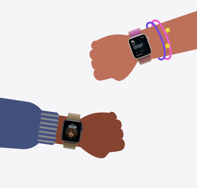 Apple Watch pour vos enfants, illustrations caricaturales de poignet d’enfants portant des Apple Watch SE 3