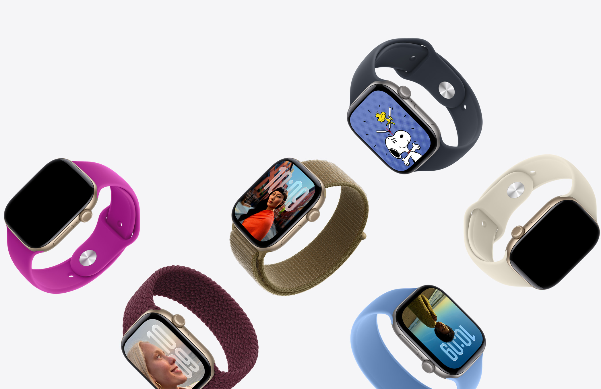 Aparelhos Apple Watch com caixa de diferentes materiais, cores e pulseiras