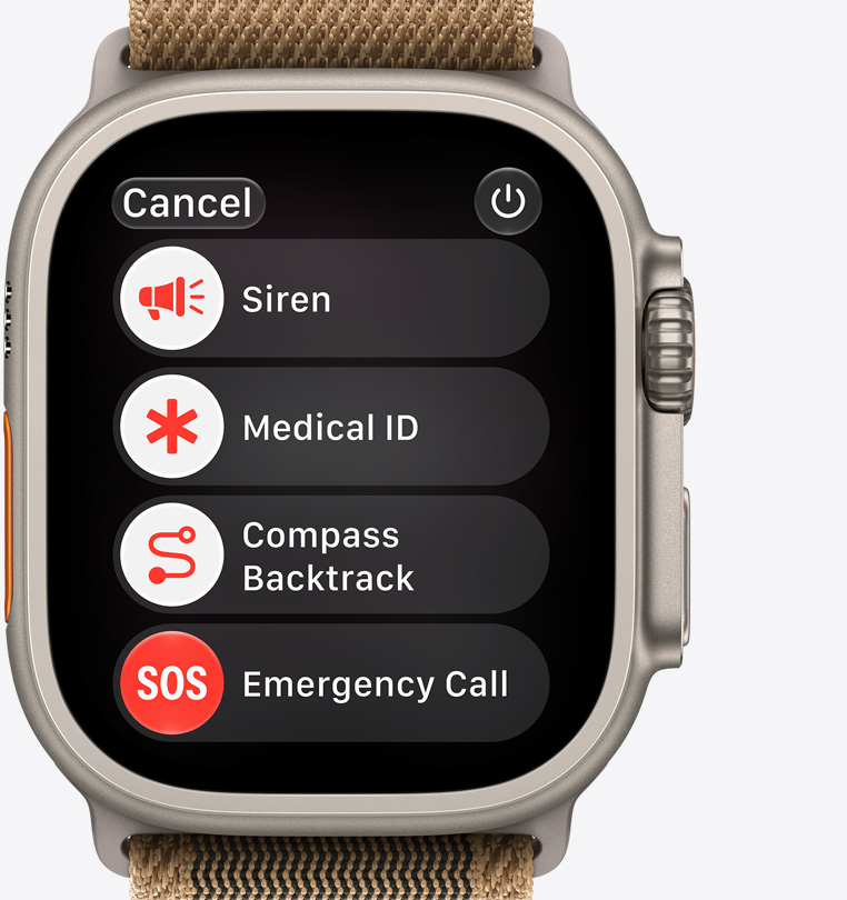 Apple Watch Ultra 4, pouzdro z přírodního titanu, na obrazovce možnosti pomoci v nouzi: siréna, zdravotní ID, funkce Návrat v Kompasu, tísňové volání