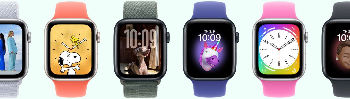 Nhiều thiết bị Apple Watch hiển thị các lựa chọn mặt đồng hồ khác nhau