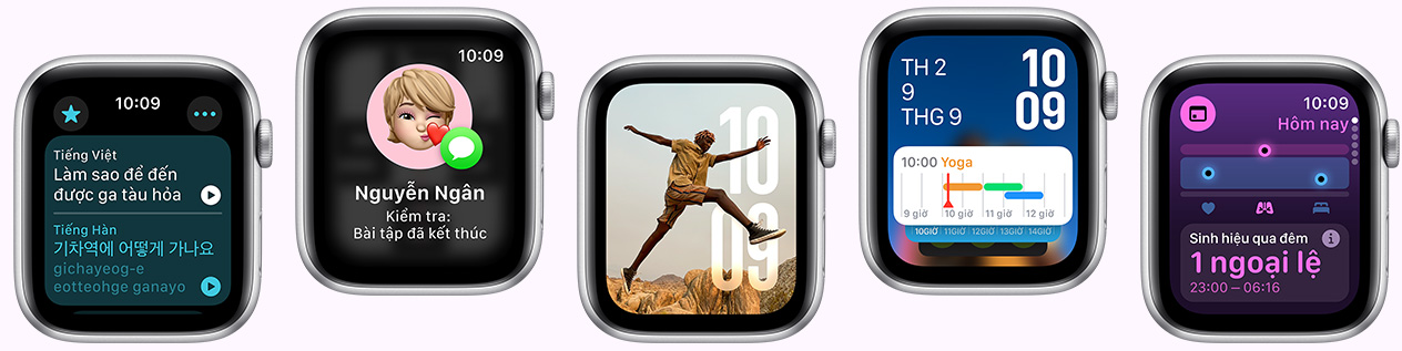 Nhiều thiết bị Apple Watch hiển thị các lựa chọn mặt đồng hồ khác nhau