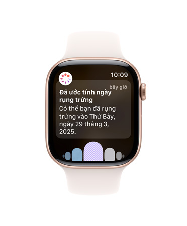 Apple Watch Series 10, Dây Đeo Thể Thao màu trắng, mặt trước, giao diện người dùng hiển thị nội dung Rụng Trứng, Lịch Sử Chu Kỳ