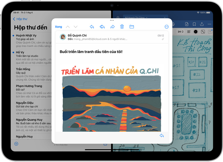 Mail và GoodNotes được sử dụng cạnh nhau cùng lúc trên iPad.
Một email sẽ mở trong cửa sổ riêng.
