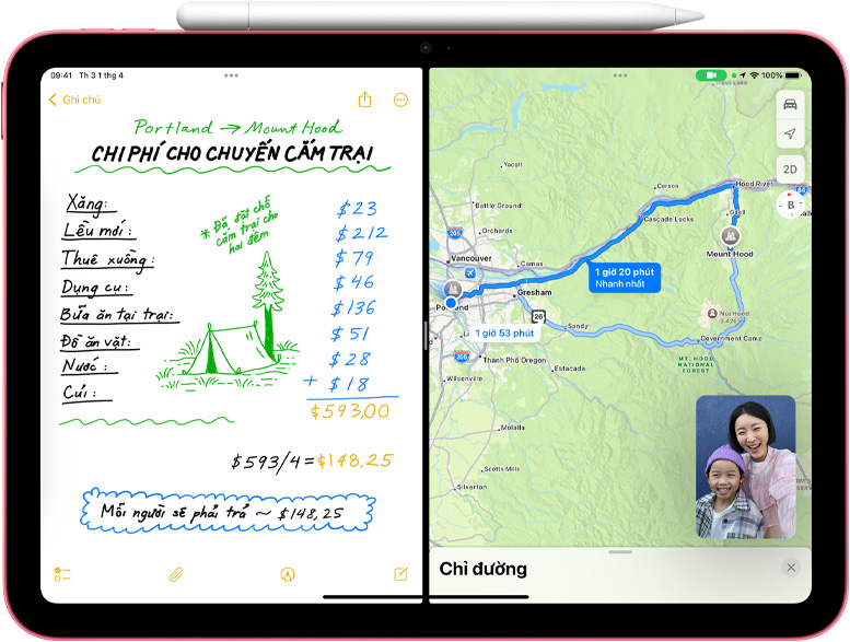 Ghi Chú Toán Học trong Bản Đồ với FaceTime ở chế độ hình trong hình trên iPad.