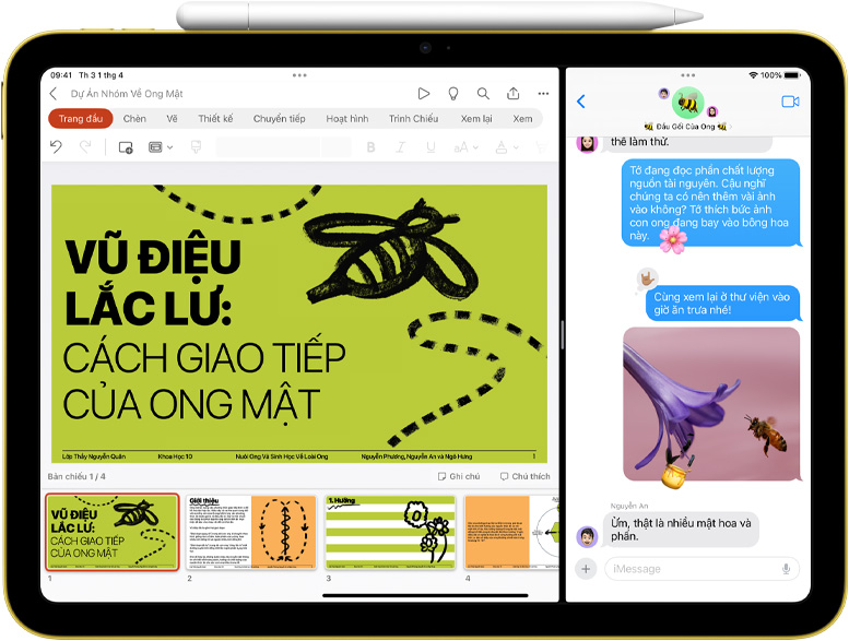 Split View của Powerpoint và Tin Nhắn trên iPad với Apple Pencil được gắn kết bằng nam châm