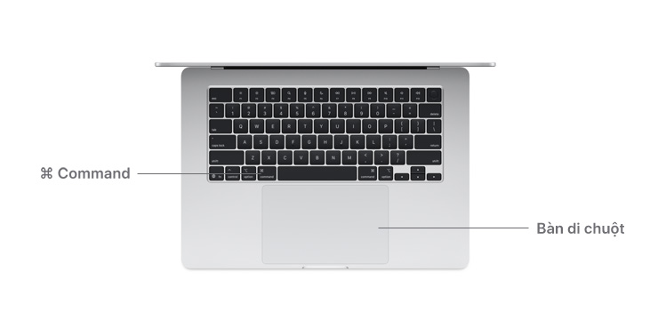 Góc nhìn từ trên bàn của phím Command và bàn di chuột trên MacBook Air M4.