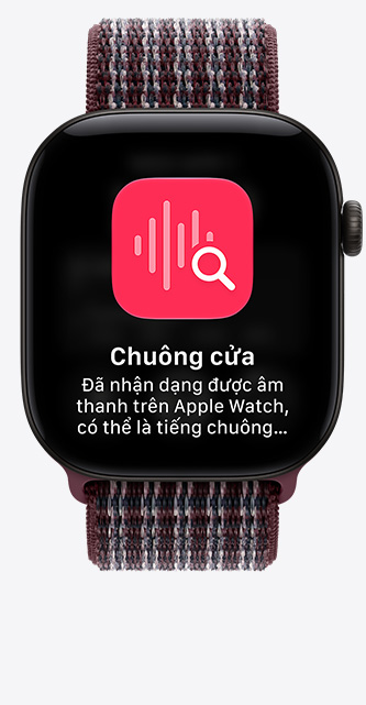 Apple Watch Series 12, vỏ nhôm, màu đen, màn hình cuộc trò chuyện được ghim, Dây Quấn Thể Thao, màu đỏ burgundy ca-rô